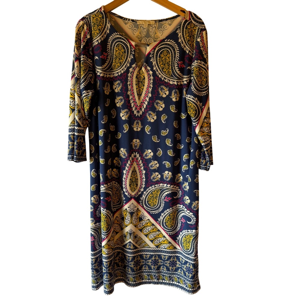 HAANI WOMAN Dress 1X Blue Paisley Print V Neck Long Sleeve‎ Knee Length
